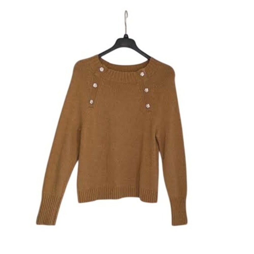 J.Crew Glam Crystal Button‎ Camel Knit Sweater S/M Retro Minimalist
